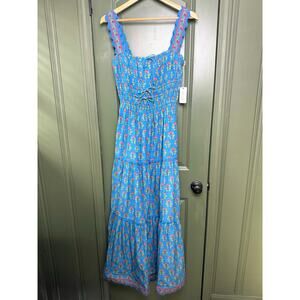 NWT Saylor Zarina Floral Bouquet Block Print Midi Resort Boho Dress Blue Small
